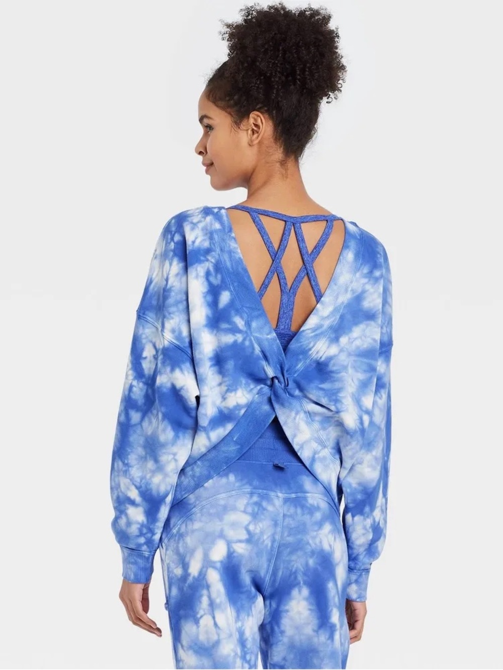JoyLab Blue White Tie Dye Reversible Twist Knot Sweatshirt XS